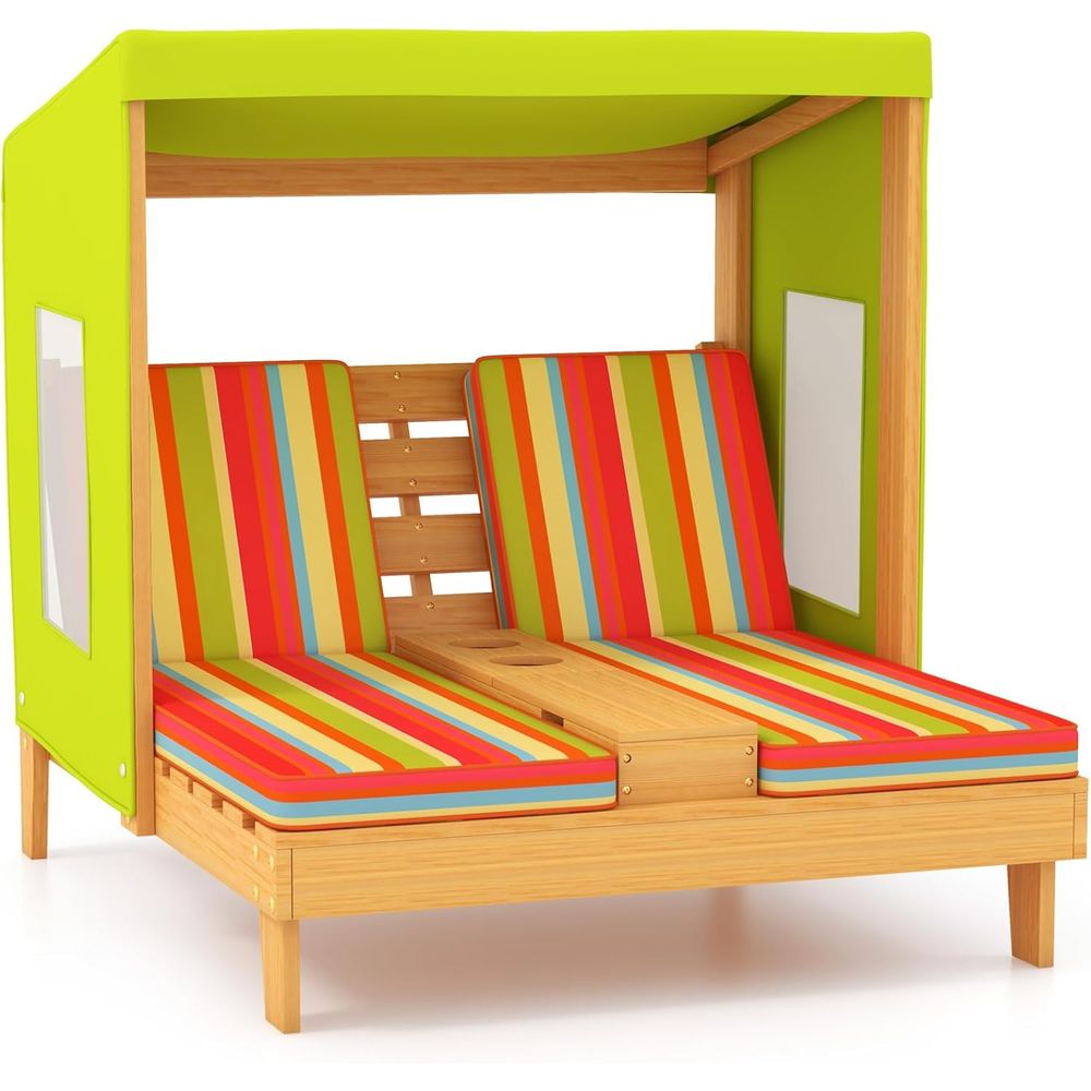 Kids Outdoor Lounger Chair - 子供用長椅子屋外用、幼児用木製ダブルプールラウンジャーチェア、カップホルダー付き、取り外し可能なストライプ生地クッション、2個