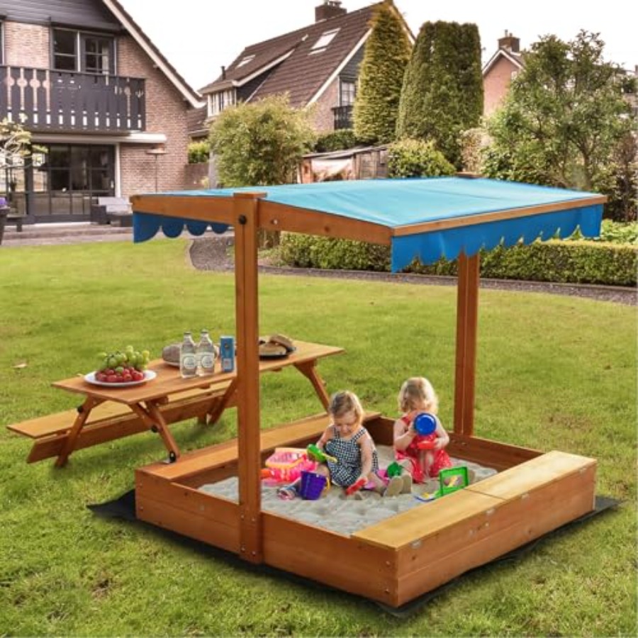 Kids Outdoor Bench - 裏庭用木製キッズサンドボックス、ピクニックテーブルと収納ボックス付き、天然木の色、折りたたみ式ベンチシート、蓋、引き戸付き