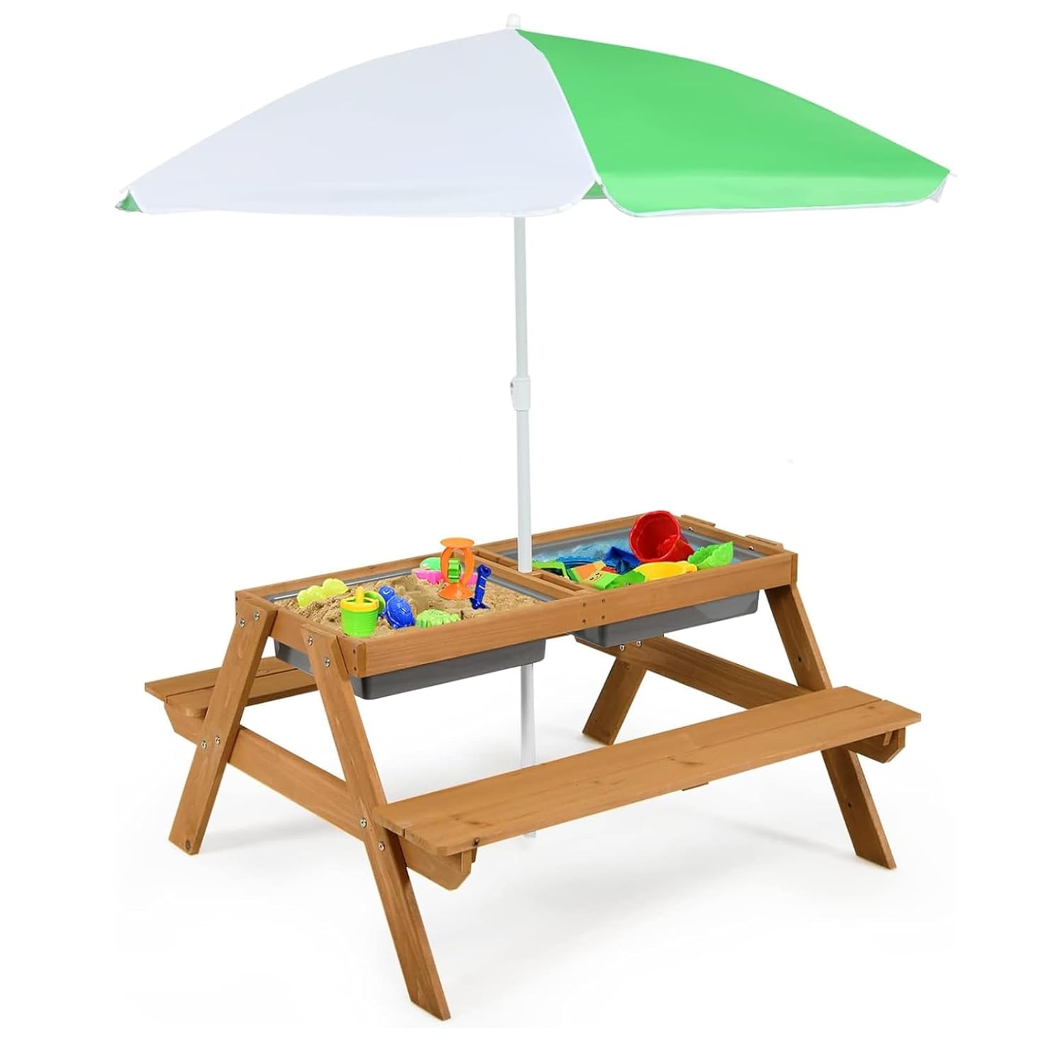 Kids Outdoor Umbrella For Table - 4in1 シダーキッズピクニックテーブル（砂＆水ボックス、傘付き）屋外ガーデン幼児用家具、天然素材、カスタムメイド