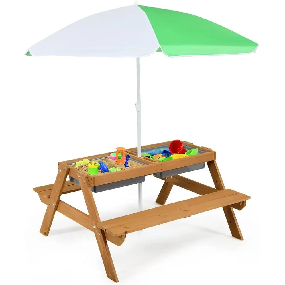 Kids Outdoor Umbrella For Table - 4-in-1木製砂場＆水遊びピクニックテーブル、取り外し可能なボックスと傘付き、子供用、屋外裏庭ガーデン家具セット