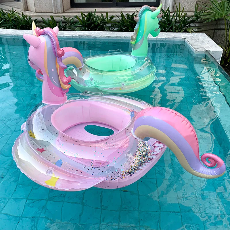 Kids Outdoor Water Toys - 子供のためのユニコーン型のインフレータブルブイ,レインボーとスパンコールの組み合わせ,子供のフローティングおもちゃ
