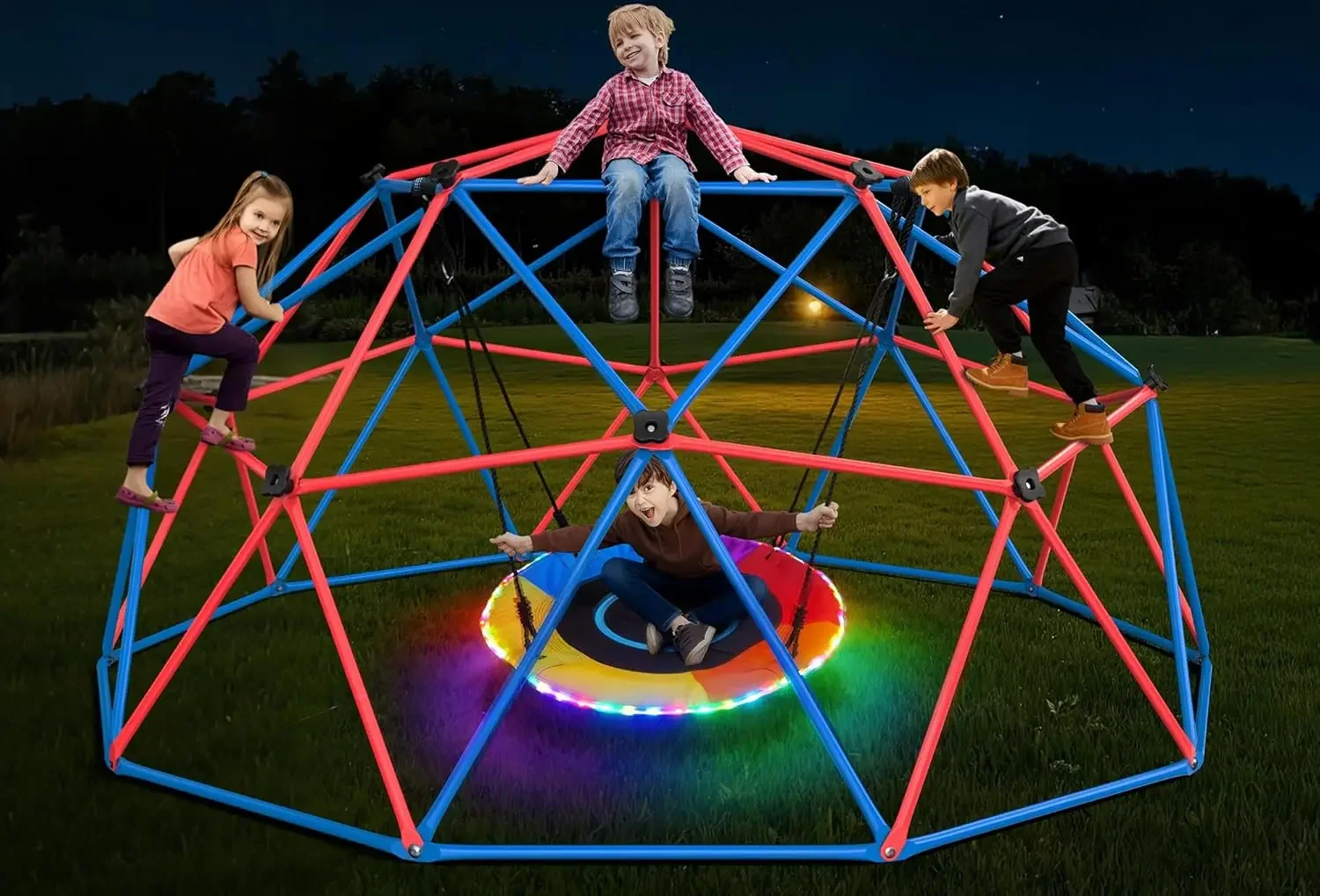 Kids Outdoor Jungle Gym Dome - ハプファン クライミングドームスイングセット、LEDソーサースイング付き、子供用ジャングルジム、屋外裏庭用、耐荷重800ポンド、組み立て簡単、ロシア製