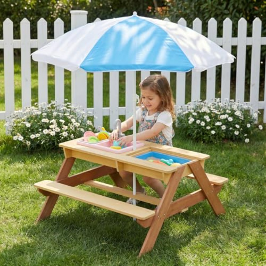 Kids Outdoor Umbrella For Table - 屋外用子供用ピクニックテーブル（傘付き）、木製砂場・水遊びテーブル（取り外し可能な天板付き）、遊び用シンク、プラスチック製収納ボックス、4人用