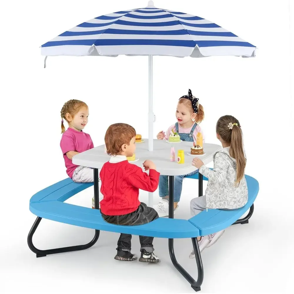 Kids Outdoor Bench - 8人用子供用ピクニックテーブル、傘付き、幼児用アクティビティテーブル、ベンチ4脚、HDPE天板＆金属フレーム、屋外パティオガーデンバックヤード用