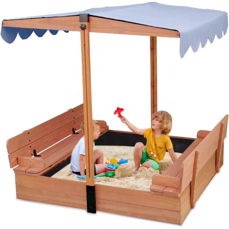 Kids Outdoor Bench - 木製キッズサンドボックス、キャノピーカバー付き、折りたたみ式ベンチ2個、調整可能な屋根、屋外砂場