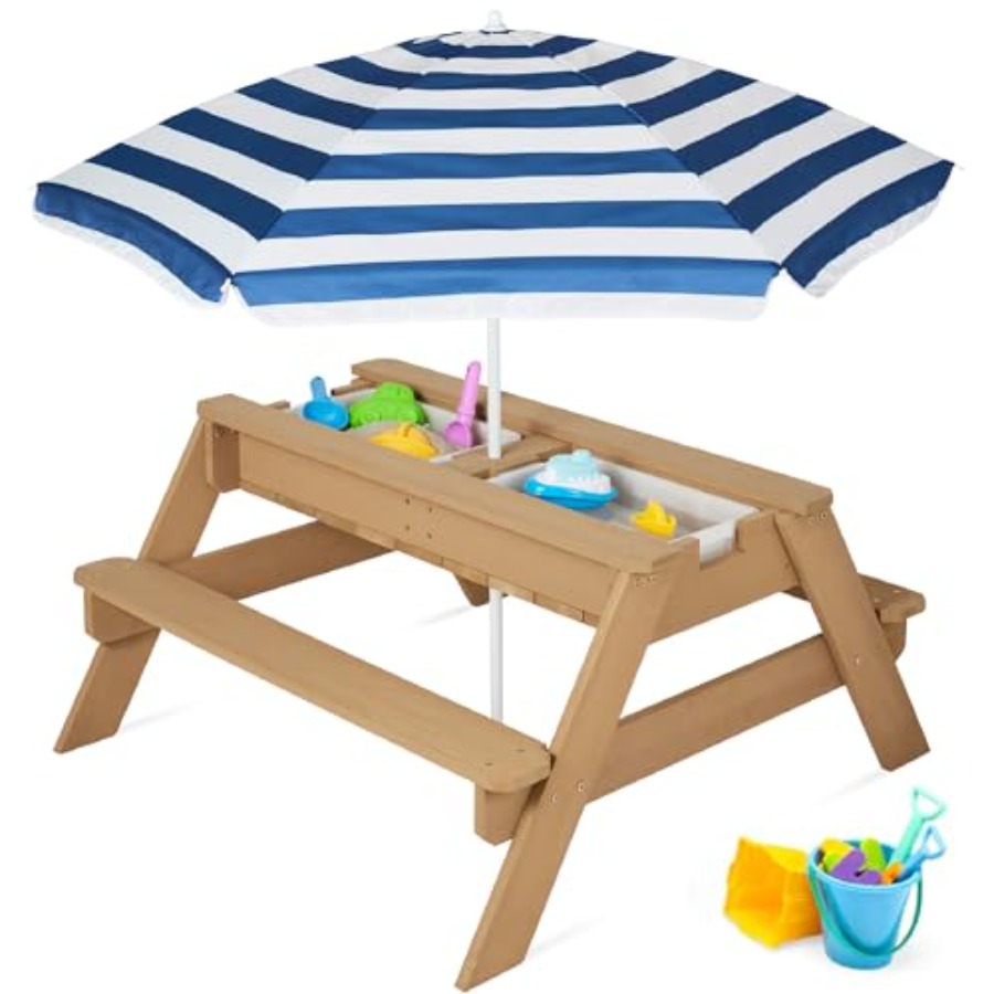 Kids Outdoor Umbrella For Table - 屋外用子供用ピクニックテーブル（傘付き）、3-in-1砂場・水遊びテーブル、ネイビーブルーのプラスチック製、4人掛け、取り外し可能な天板、バケツ2個付き