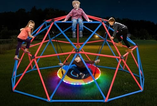 Kids Outdoor Jungle Gym Dome - Clim Dome スイングセット LED ソーサースイング付き、子供用ジャングルジム、屋外裏庭用、耐荷重 800