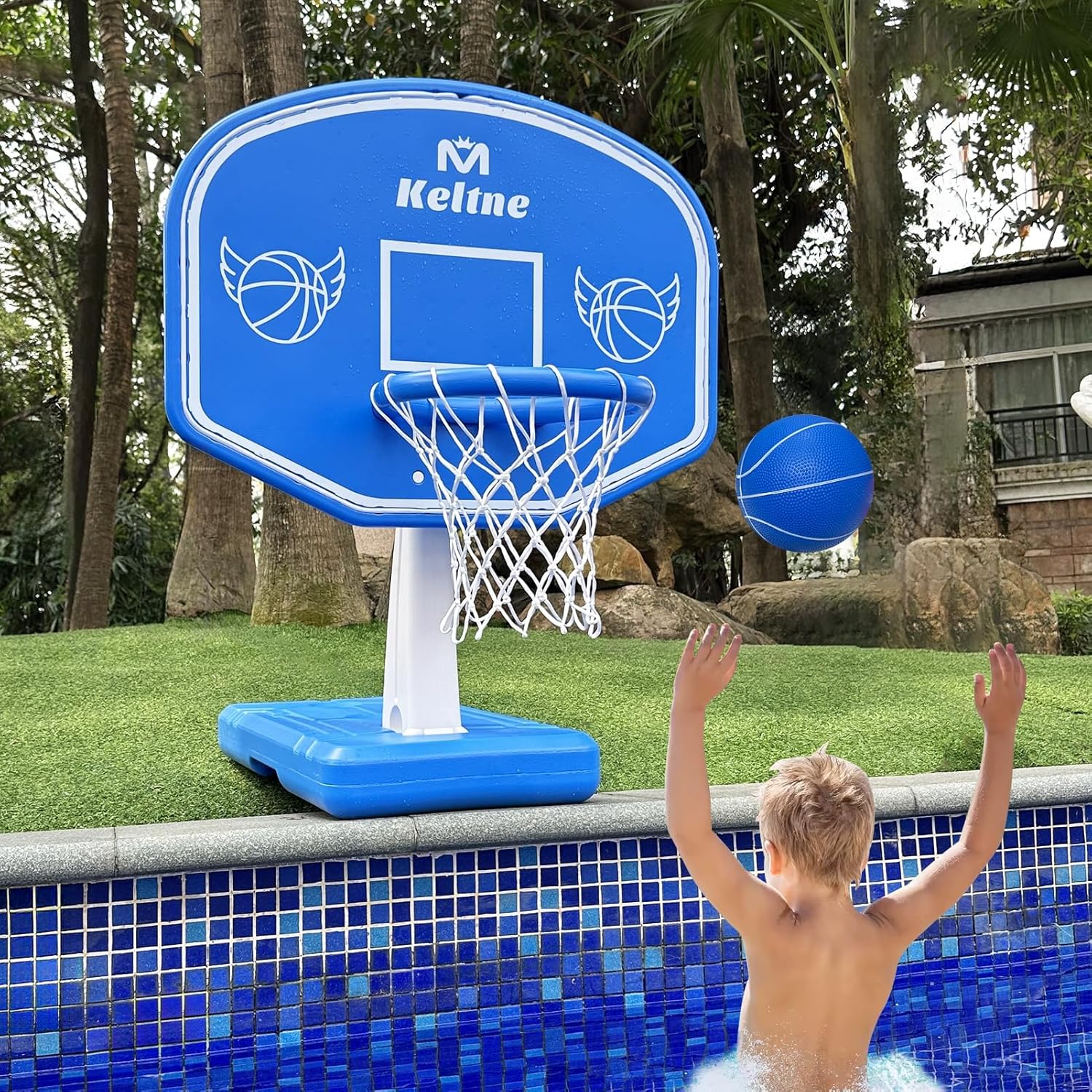 Outdoor Kid - 大型スイミングプールバスケットボールフープ、拡張された頑丈なベース付き、プールサイドのバスケットボールゲームに最適、ボール2個とポンプ付き、子供と大人向けの楽しい水遊び、夏の屋外エンターテイメント