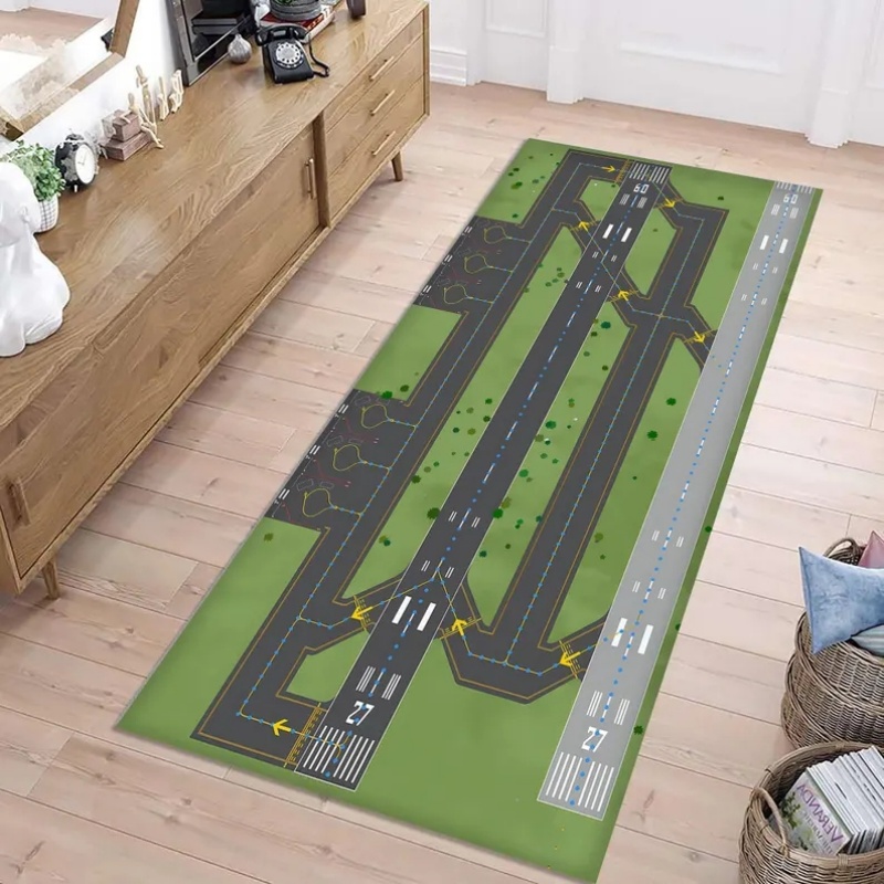 Kids Outdoor Flooring - キッズエアポート滑走路トラフィックランナーラググリーンロードトラックパターンノンスリップフロアマット幼児男の子寝室玄関装飾カーペット