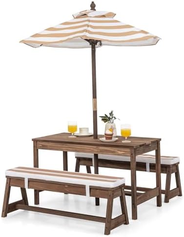 Kids Outdoor Umbrella For Table - 子供用ピクニックテーブル、屋外木製テーブル＆ベンチセット（取り外し可能なクッションと傘付き）、ストライプ柄生地、子供用裏庭用