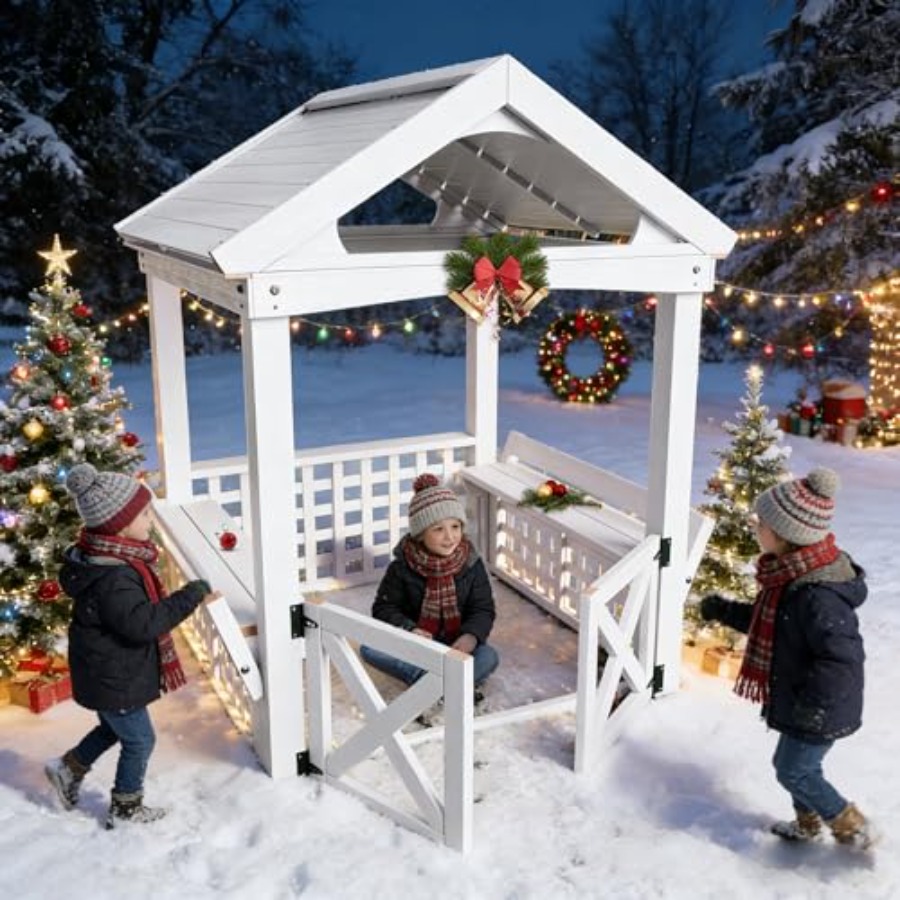 Kids Outdoor Bench - 屋外木製プレイハウス（2～8歳のお子様向け）、防水加工の白い仕上げ、内蔵ベンチとドア付き、52×44、裏庭用