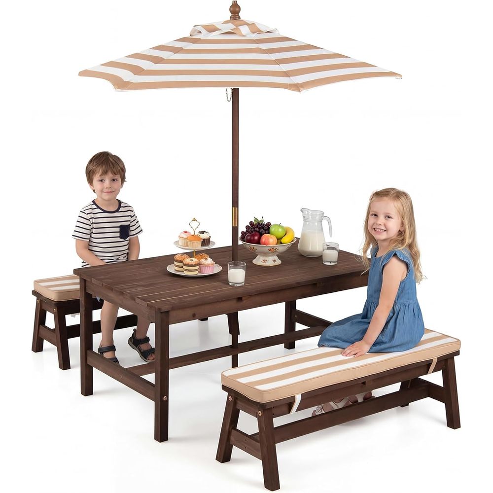 Kids Outdoor Umbrella For Table - キッズピクニックテーブル、IRウッド幼児用屋外テーブル＆ベンチセット、取り外し可能な傘とクッション付き、ストライプ柄、子供用屋外家具