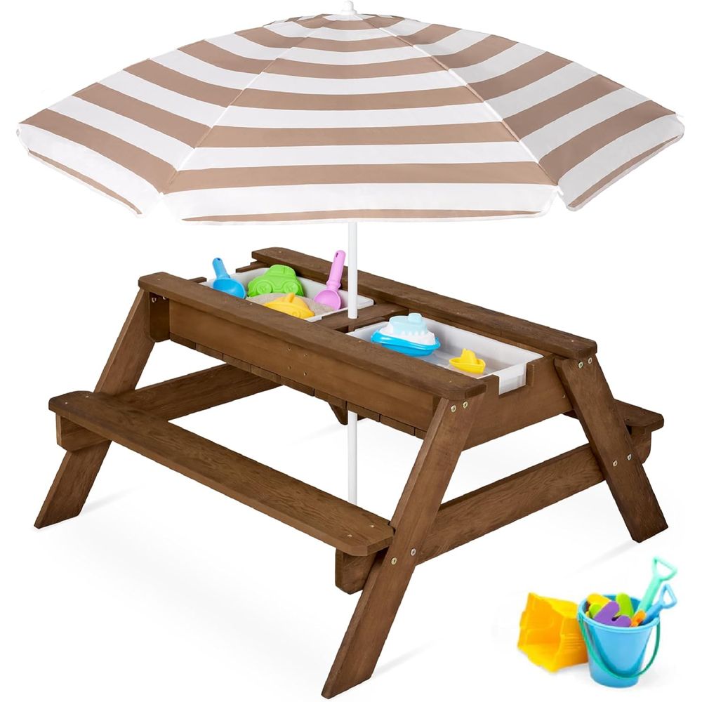 Kids Outdoor Umbrella For Table - 子供用ピクニックテーブル（傘付き）、3-in-1砂場＆水遊びテーブル、屋外用変形ピクニックテーブル（幼児用）、4人掛け、取り外し可能な天板