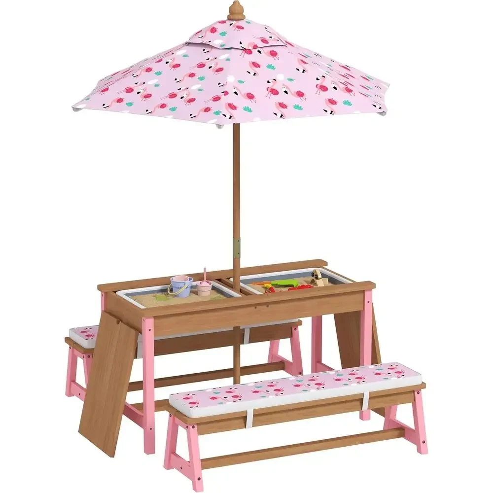 Kids Outdoor Umbrella For Table - 木製ピクニックテーブルセット、傘、クッション、収納ボックス付き、子供用ランミンゴテーマの屋外家具、ピンク