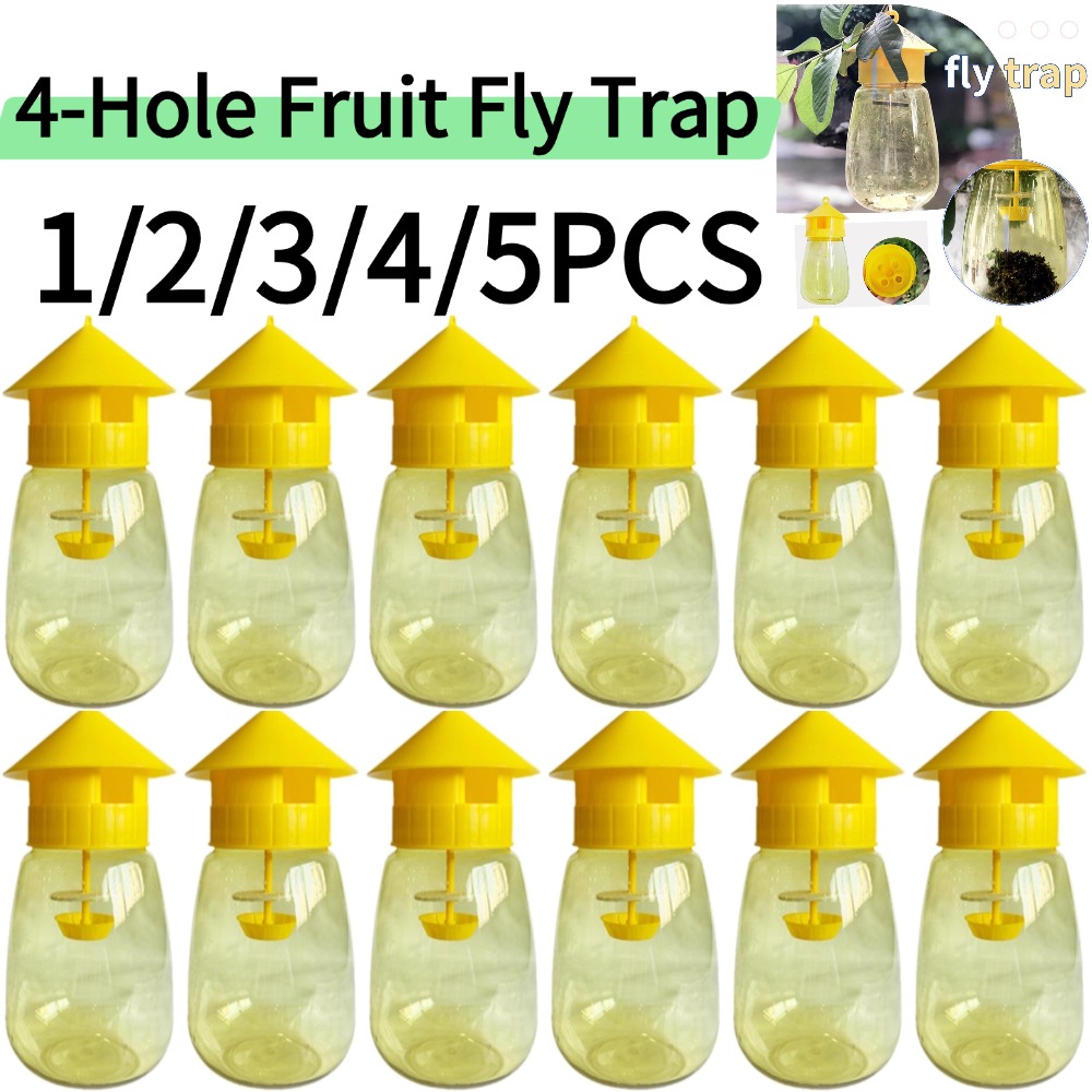 Bug Catching Kit - 1/2/3/4/5個入り 4穴フルーツフライトラップ メロンフライとフルーツフライ駆除用、黄色の屋外用昆虫捕獲器（誘引剤付き）