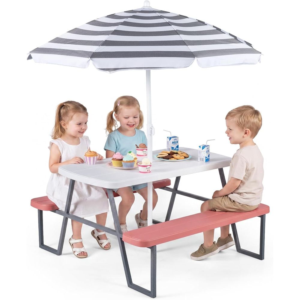 Kids Outdoor Umbrella For Table - 子供用ピクニックテーブル、幼児用屋外テーブル＆ベンチセット（取り外し可能な傘付き）、HDPEテーブルトップ、金属製、子供用屋外家具またはP