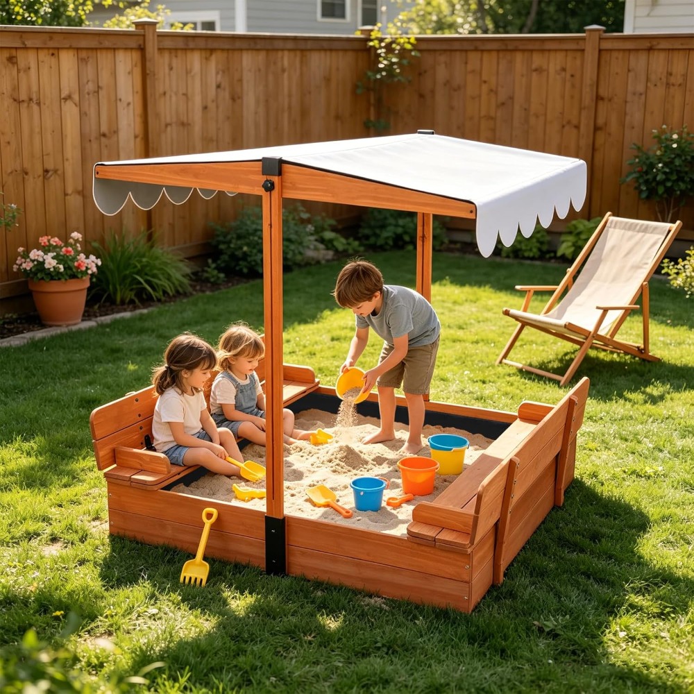 米国発送 木製キッズサンドボックス 蓋とキャノピー付き 屋外 - Kids Outdoor Bench のレビューと価格