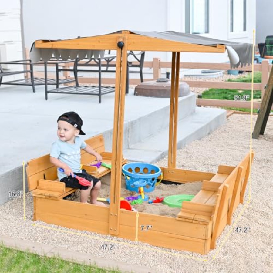 4歳から8歳向けの屋外砂場テーブル：蓋付き、格納式キャノピー - Kids Outdoor Bench のレビューと価格