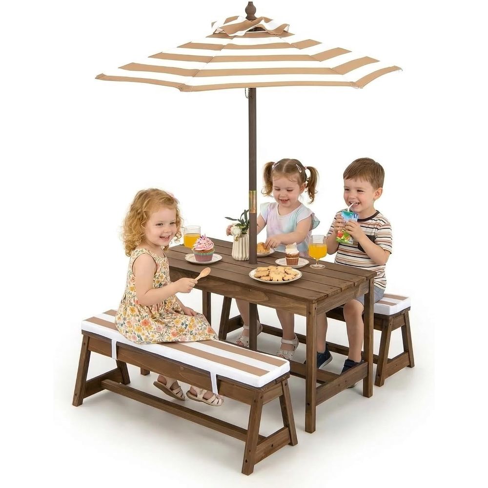 子供用ピクニックテーブル、幼児用木製テーブル＆椅子セット（ク - Kids Outdoor Table And Chairs With Umbrella のレビューと価格