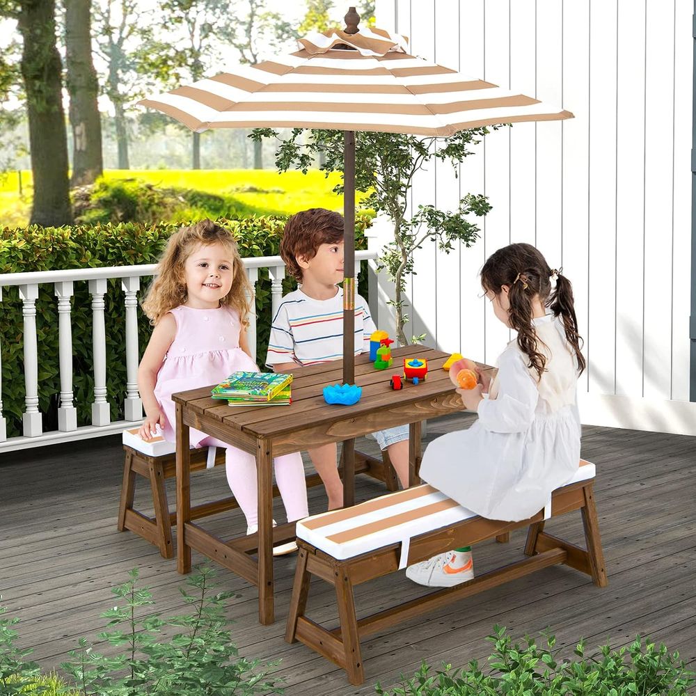 子供用ピクニックテーブル、幼児用木製テーブル＆椅子セット（ク - Kids Outdoor Table And Chairs With Umbrella のレビューと価格