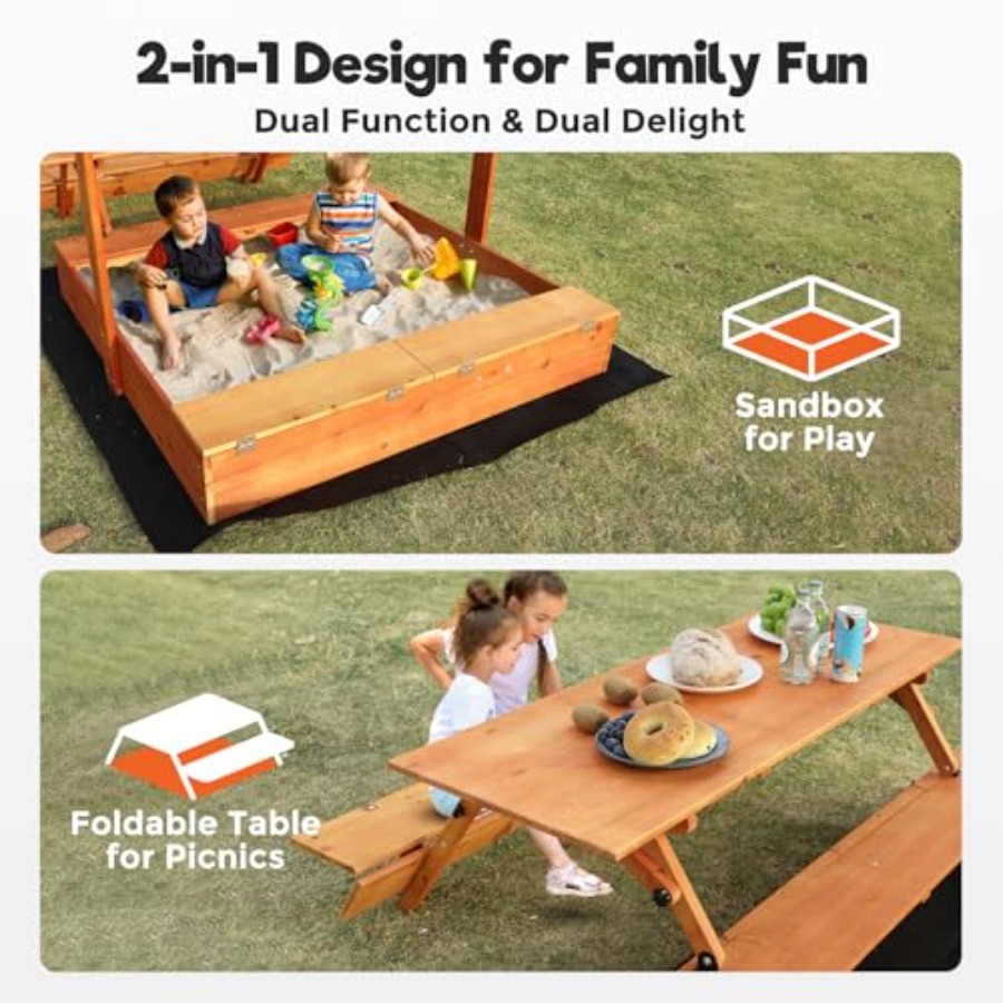 裏庭用木製キッズサンドボックス、ピクニックテーブルと収納ボッ - Kids Outdoor Bench のレビューと価格