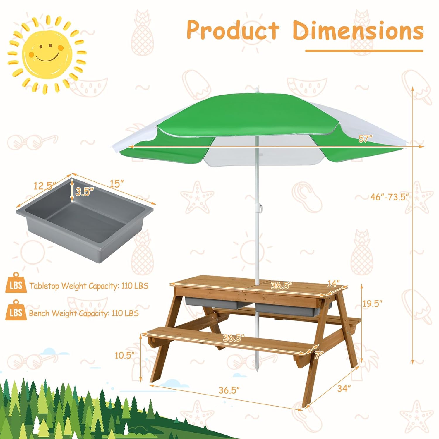 4in1 シダーキッズピクニックテーブル（砂＆水ボックス、傘 - Kids Outdoor Umbrella For Table のレビューと価格