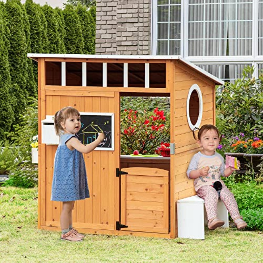 屋外用木製キッズプレイハウス、開閉式ドア付き、黄色仕上げ、窓 - Kids Outdoor Bench のレビューと価格