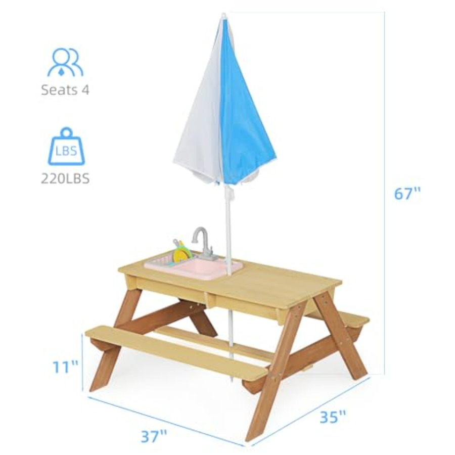 屋外用子供用ピクニックテーブル（傘付き）、木製砂場・水遊びテ - Kids Outdoor Umbrella For Table のレビューと価格