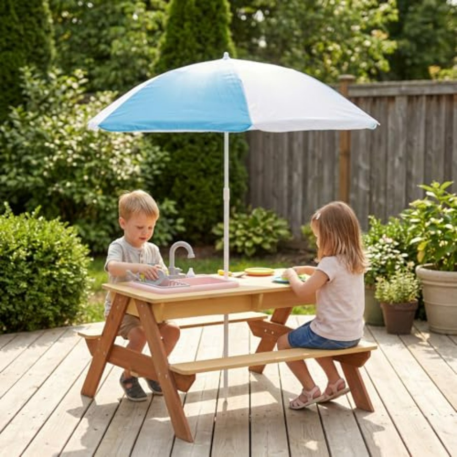 屋外用子供用ピクニックテーブル（傘付き）、木製砂場・水遊びテ - Kids Outdoor Umbrella For Table のレビューと価格