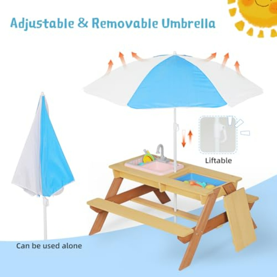 屋外用子供用ピクニックテーブル（傘付き）、木製砂場・水遊びテ - Kids Outdoor Umbrella For Table のレビューと価格