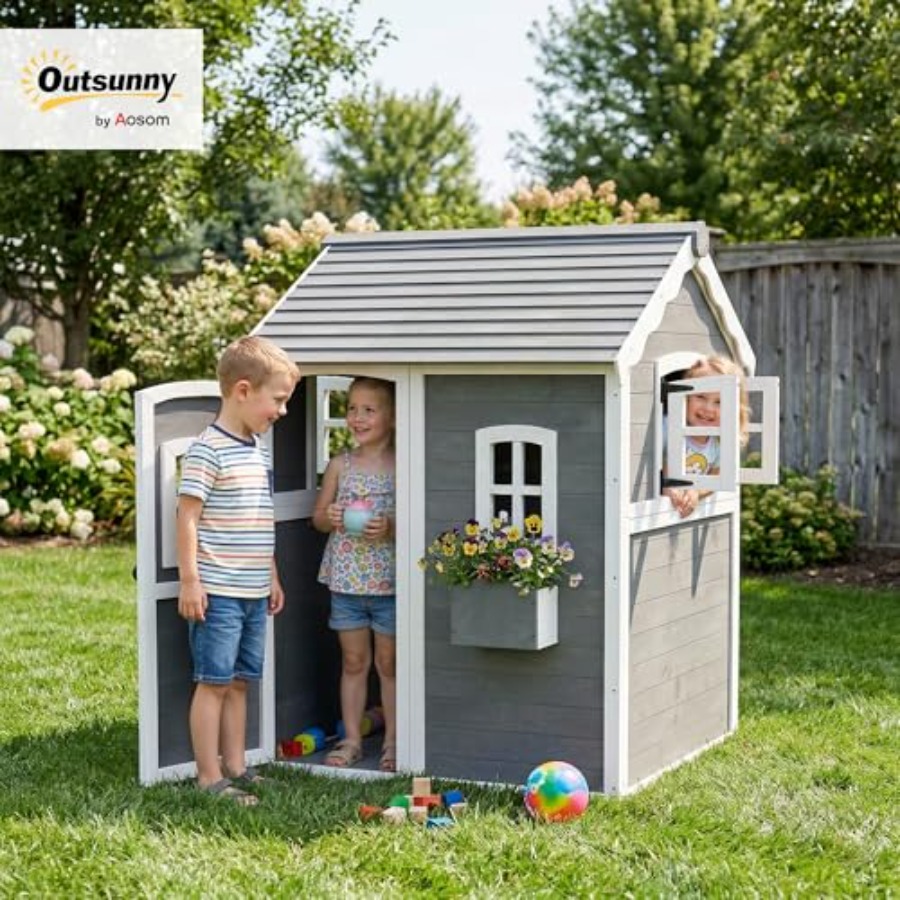 3歳から8歳向けの屋外木製プレイハウス。床、ドア、窓、プラン - Kids Outdoor Flooring のレビューと価格