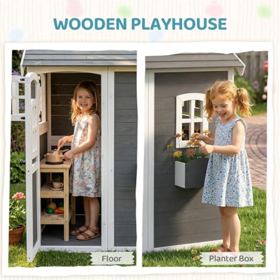 3歳から8歳向けの屋外木製プレイハウス。床、ドア、窓、プラン - Kids Outdoor Flooring のレビューと価格