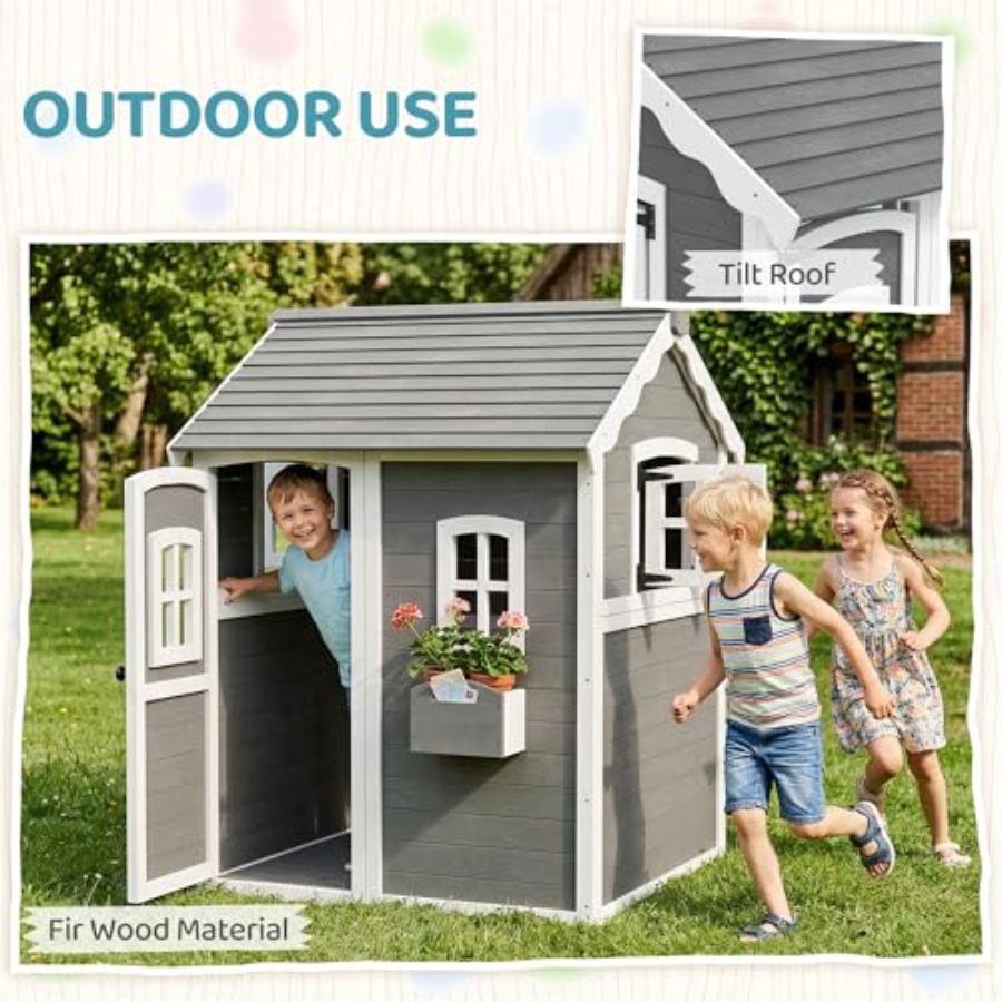 3歳から8歳向けの屋外木製プレイハウス。床、ドア、窓、プラン - Kids Outdoor Flooring のレビューと価格