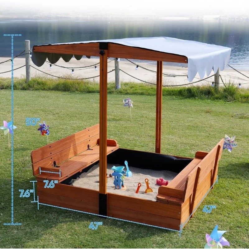 木製キッズサンドボックス、キャノピーカバー付き、折りたたみ式 - Kids Outdoor Bench のレビューと価格