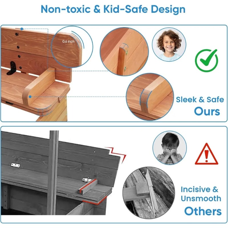 木製キッズサンドボックス、キャノピーカバー付き、折りたたみ式 - Kids Outdoor Bench のレビューと価格