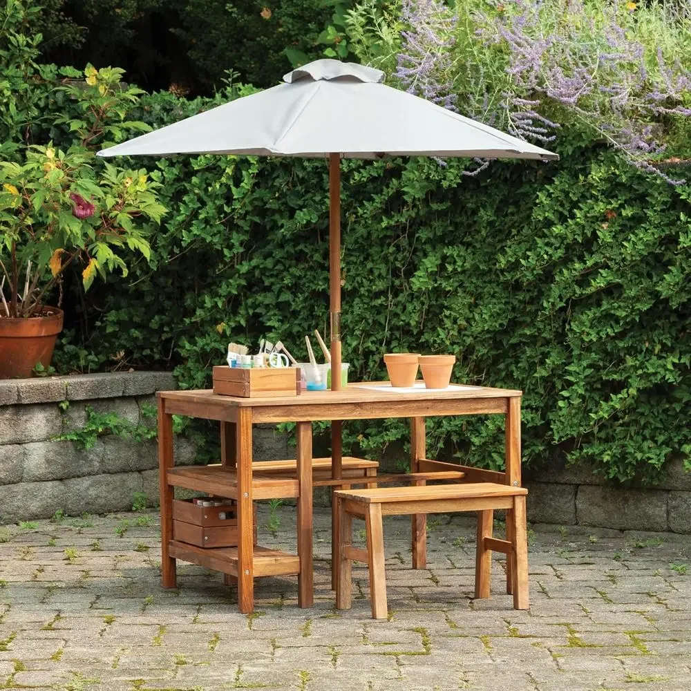 子供用屋外クレートテーブル、ベンチ＆傘セット：アカシア材製ア - Kids Outdoor Umbrella For Table のレビューと価格
