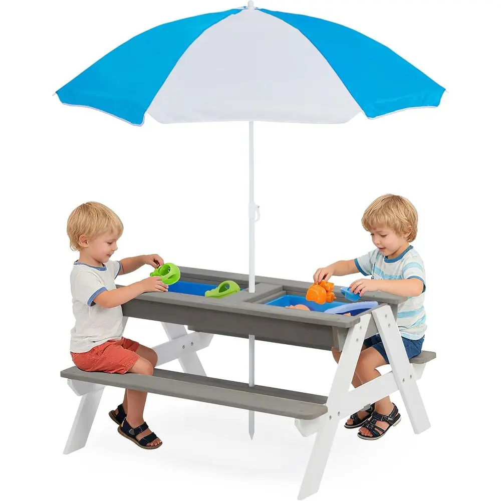 子供用3-in-1木製ピクニックテーブル、屋外砂場・水遊び用 - Kids Outdoor Umbrella For Table のレビューと価格
