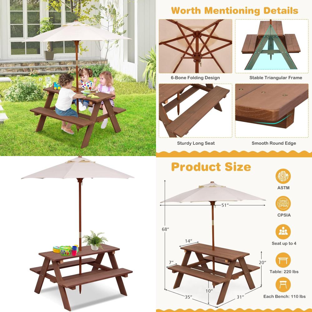耐久性のある木製キッズピクニックテーブルセット、取り外し可能 - Kids Outdoor Umbrella For Table のレビューと価格
