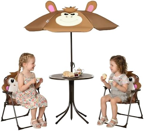 キッズテーブル＆チェアセット ピクニックテーブル傘 ブラウン - Kids Outdoor Table And Chairs With Umbrella のレビューと価格