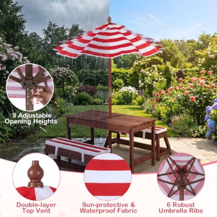 屋外用子供用ピクニックテーブル、パティオや裏庭に最適、木製、 - Kids Outdoor Umbrella For Table のレビューと価格