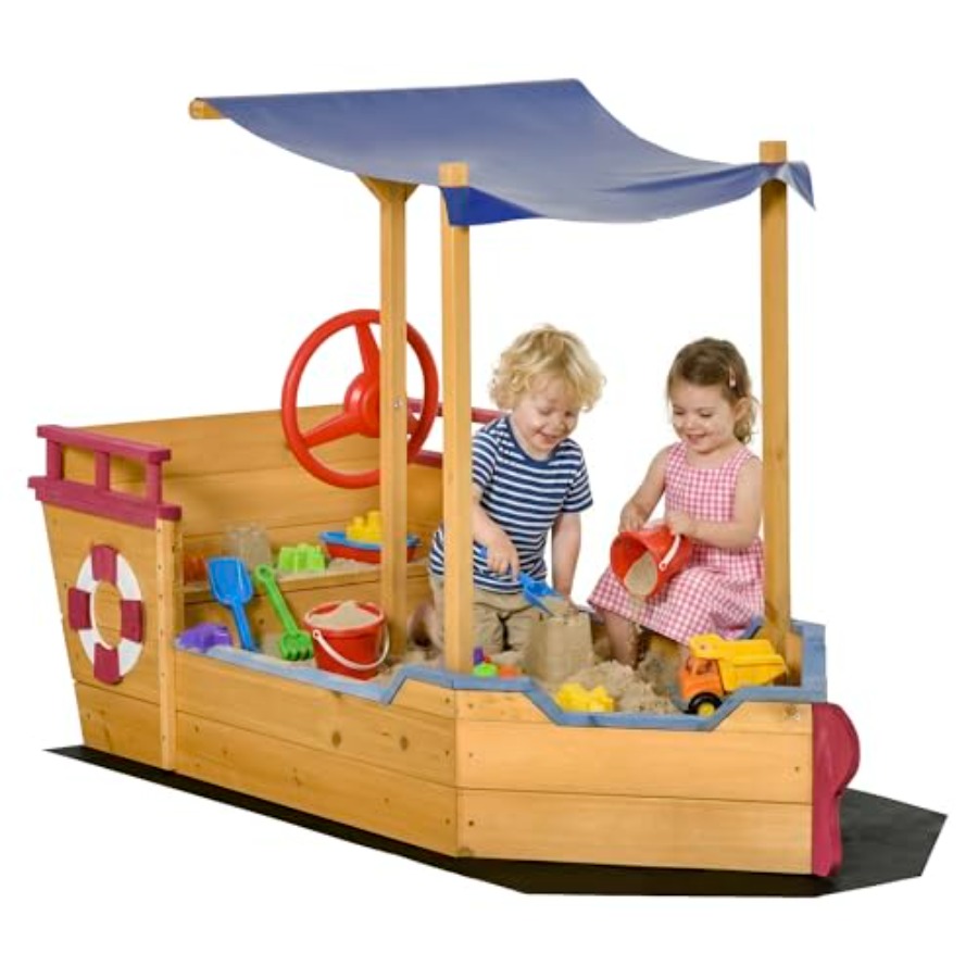 屋外用木製キッズサンドボックス、船型のオレンジ色の砂場用ボー - Kids Outdoor Bench のレビューと価格