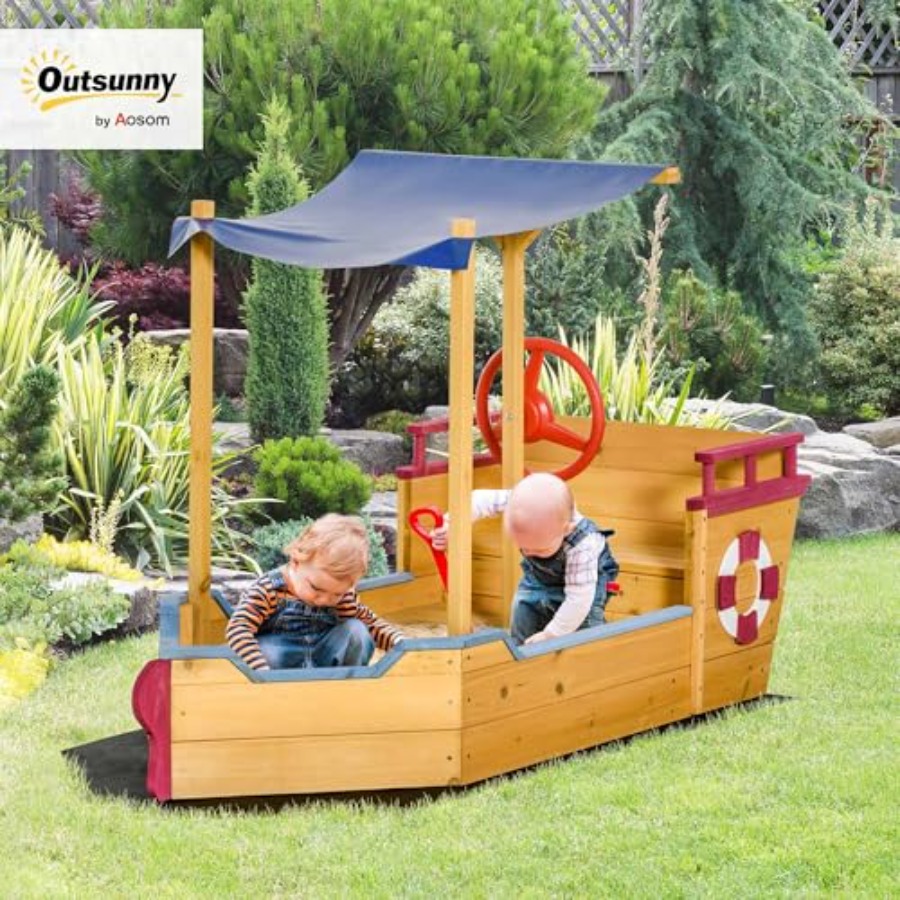 屋外用木製キッズサンドボックス、船型のオレンジ色の砂場用ボー - Kids Outdoor Bench のレビューと価格