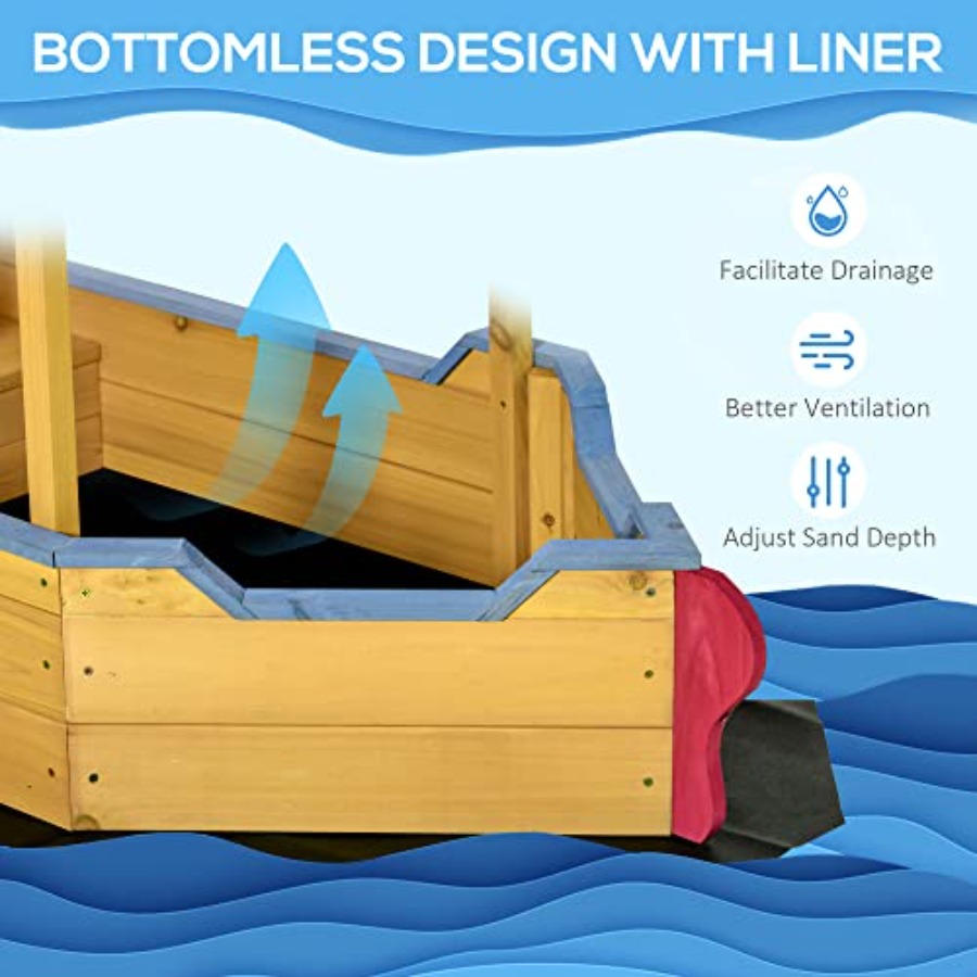 屋外用木製キッズサンドボックス、船型のオレンジ色の砂場用ボー - Kids Outdoor Bench のレビューと価格