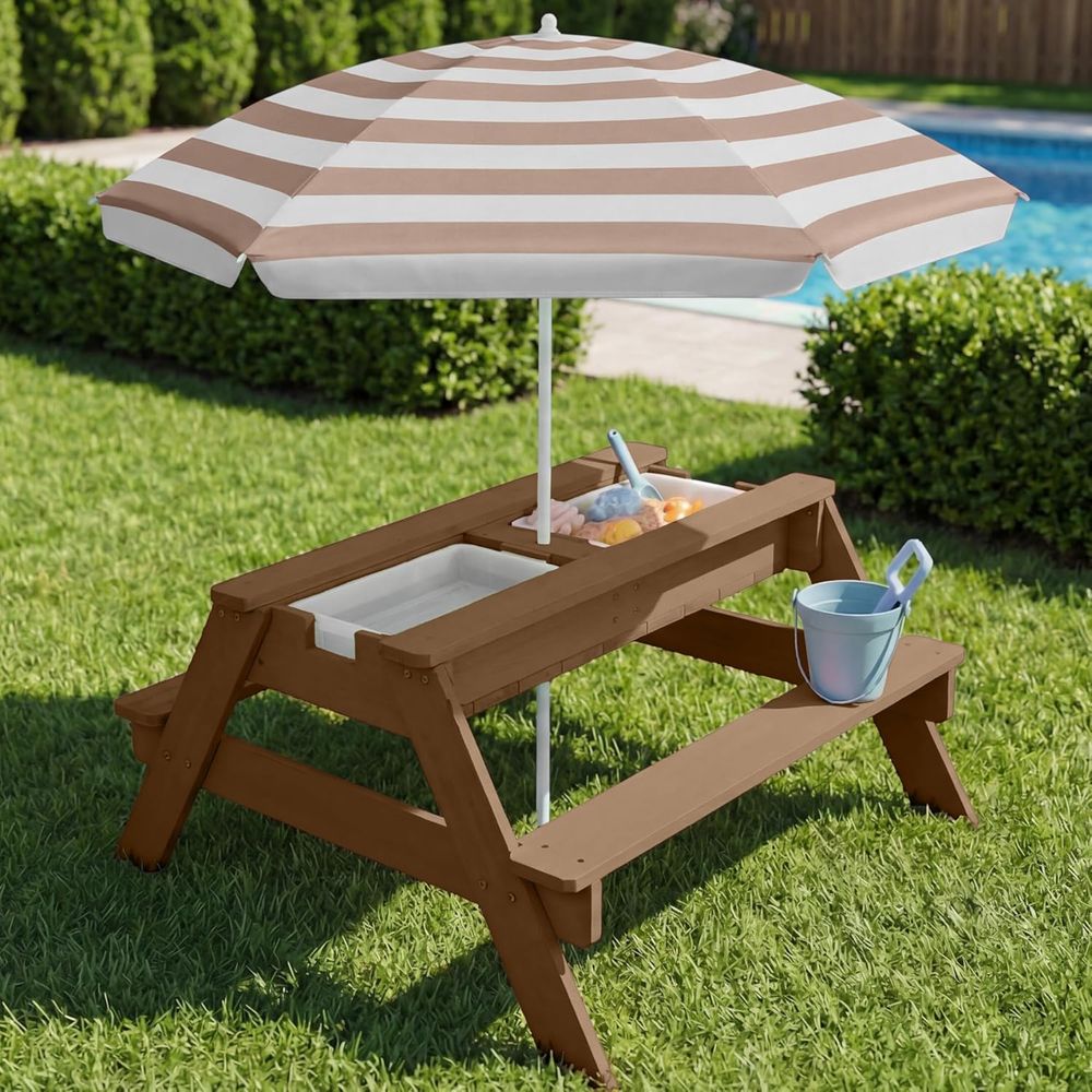 子供用ピクニックテーブル（傘付き）、3-in-1砂場＆水遊び - Kids Outdoor Umbrella For Table のレビューと価格