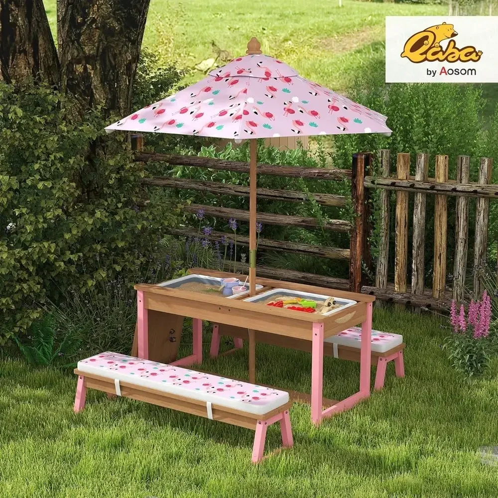 木製ピクニックテーブルセット、傘、クッション、収納ボックス付 - Kids Outdoor Umbrella For Table のレビューと価格
