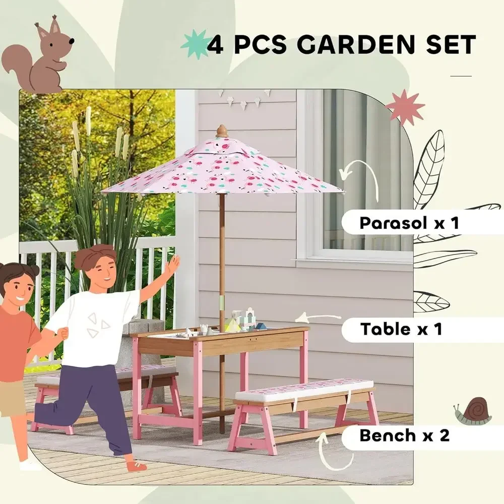 木製ピクニックテーブルセット、傘、クッション、収納ボックス付 - Kids Outdoor Umbrella For Table のレビューと価格