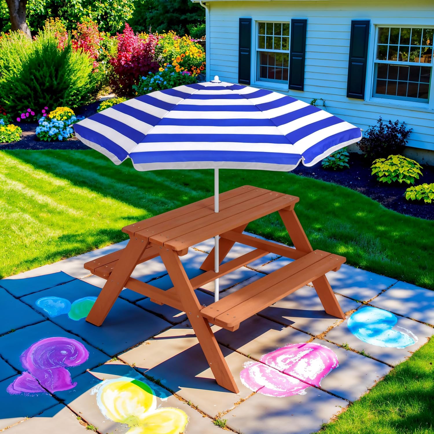 木製キッズピクニックテーブル（傘付き）、屋外アクティビティテ - Kids Outdoor Umbrella For Table のレビューと価格