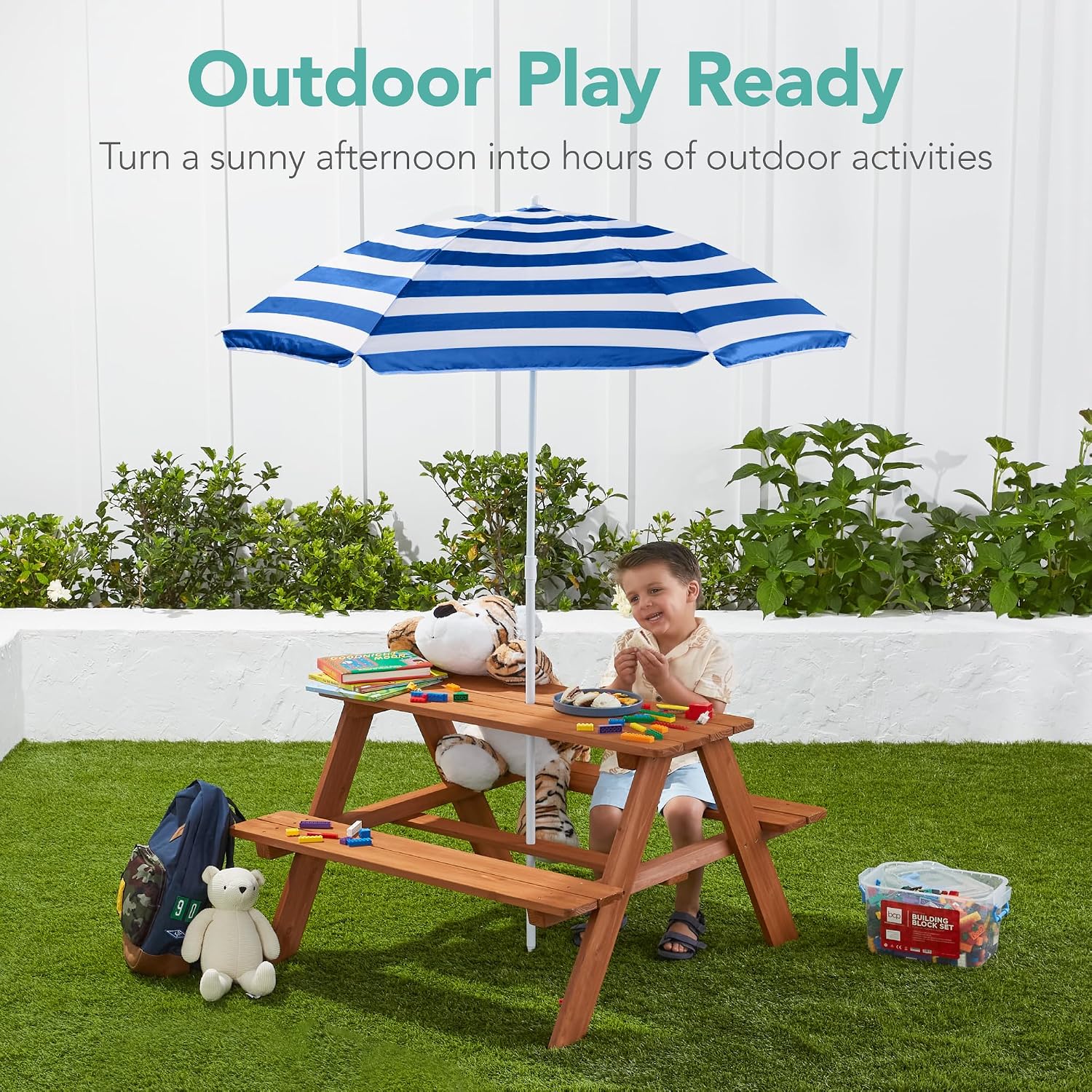 木製キッズピクニックテーブル（傘付き）、屋外アクティビティテ - Kids Outdoor Umbrella For Table のレビューと価格