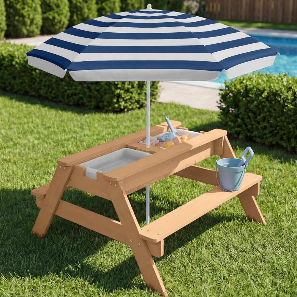 子供用ピクニックテーブル（傘付き）、3-in-1砂場＆水遊び - Kids Outdoor Umbrella For Table のレビューと価格