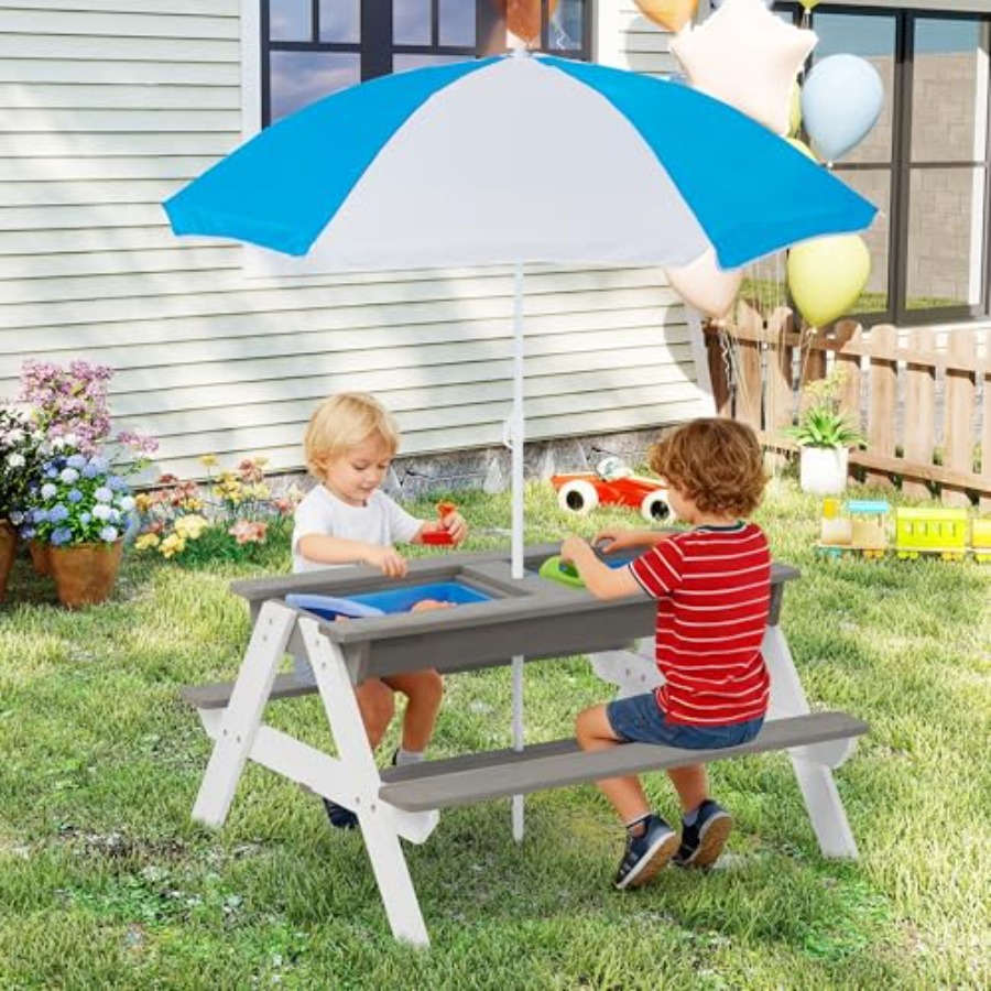 屋外裏庭パティオ用子供向けピクニックテーブル：3-in-1木 - Kids Outdoor Umbrella For Table のレビューと価格
